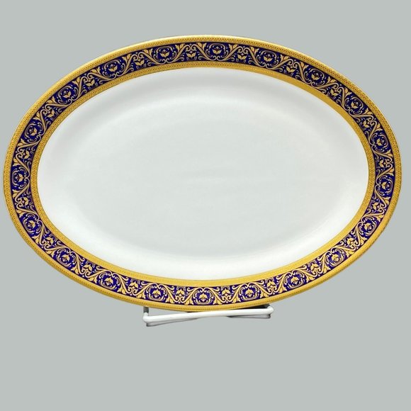 Vintage Sorelle 12" Oval Platter Plate SZE1 Cobalt Blue Band Gold Scrolls - Picture 1 of 9